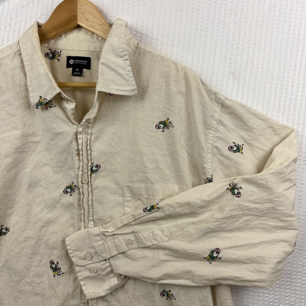 Haggar Mens XXL Cream Cotton Grilling Santa Embroidered Button Down Shirt